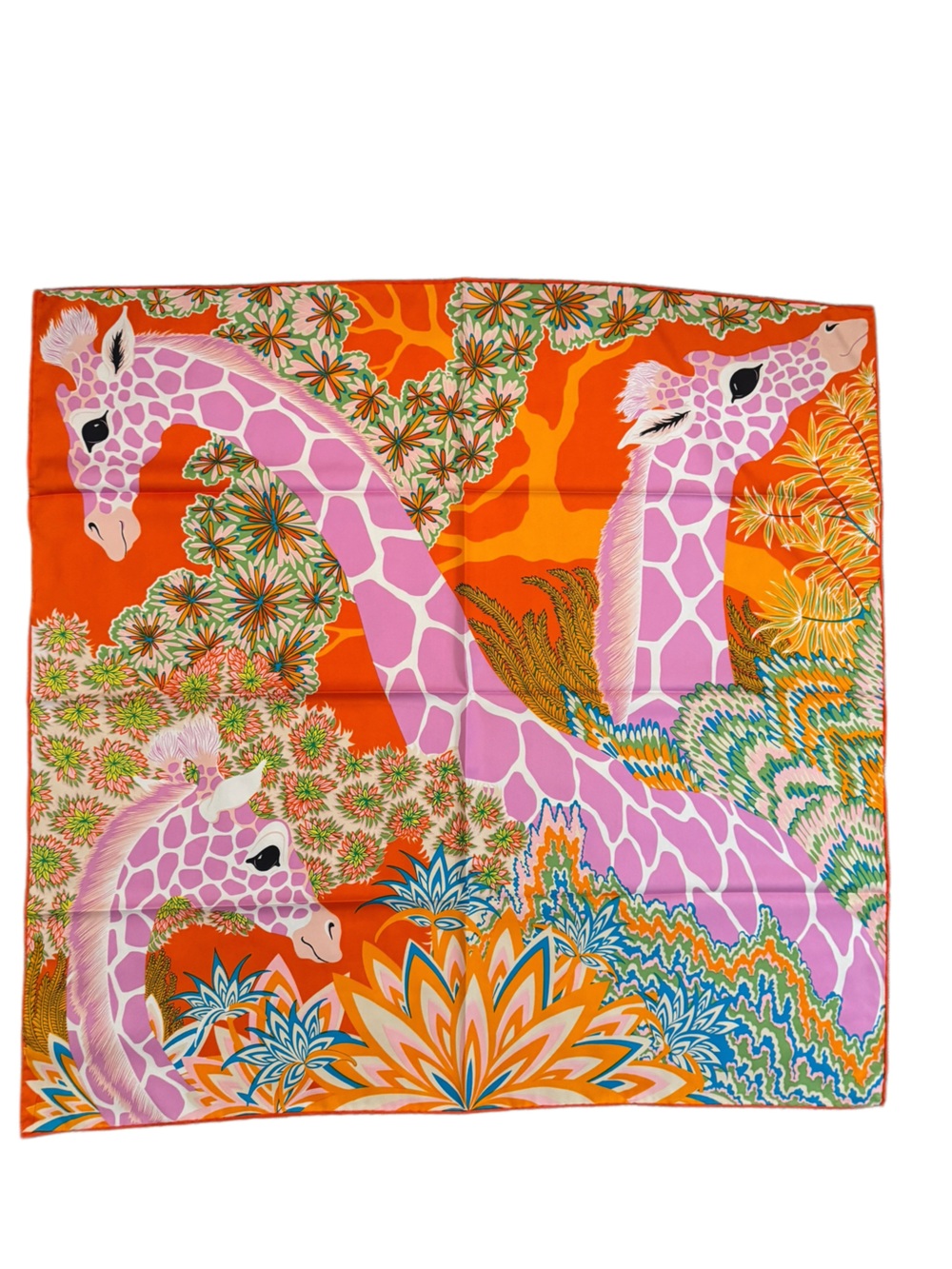 Designer-Inspired Orange and Pink Giraffe Print Silk Scarf